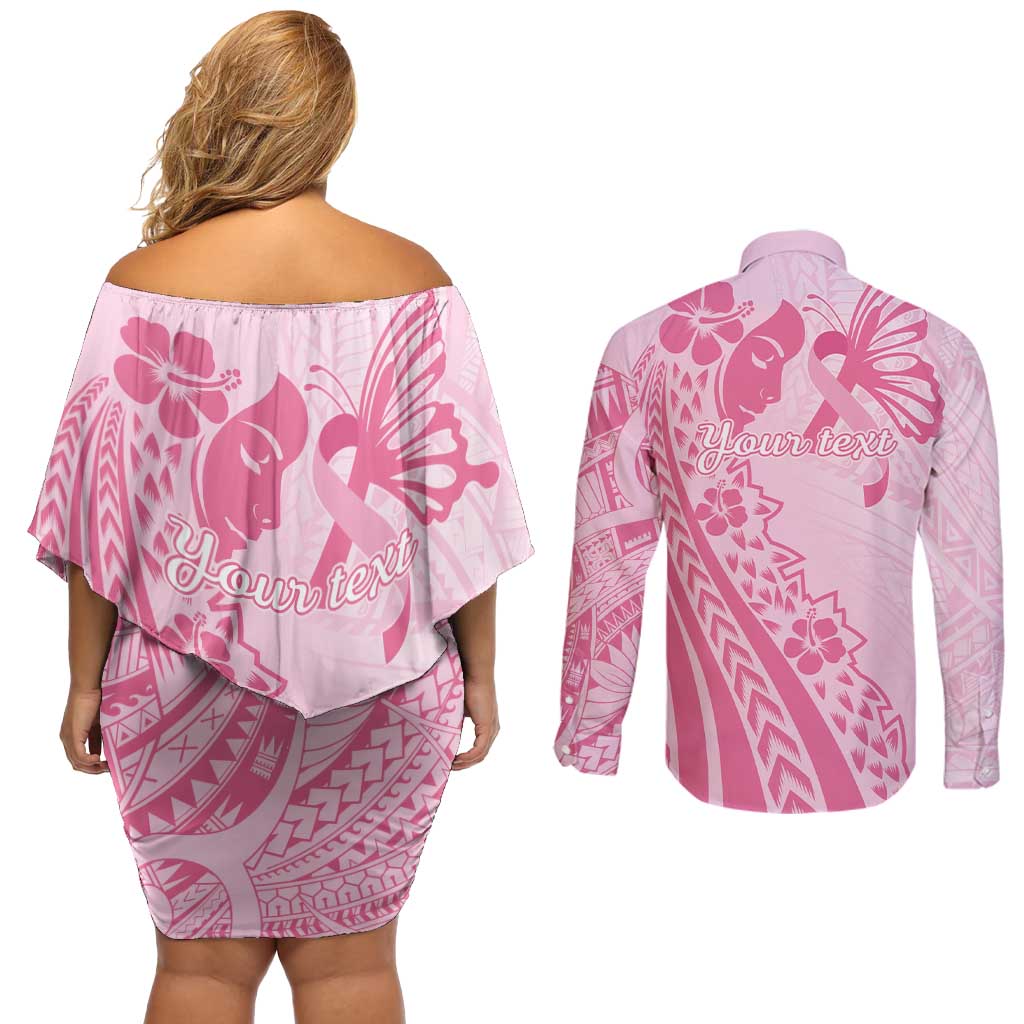 Pacific Girl and Butterfly Cancer Ribbon Personalised Couples Matching Off Shoulder Short Dress and Long Sleeve Button Shirt LT9 - Polynesian Pride