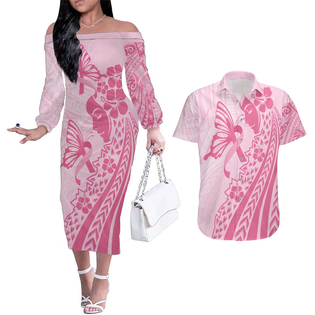 Pacific Girl and Butterfly Cancer Ribbon Personalised Couples Matching Off The Shoulder Long Sleeve Dress and Hawaiian Shirt LT9 Pink - Polynesian Pride