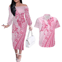 Pacific Girl and Butterfly Cancer Ribbon Personalised Couples Matching Off The Shoulder Long Sleeve Dress and Hawaiian Shirt LT9 Pink - Polynesian Pride