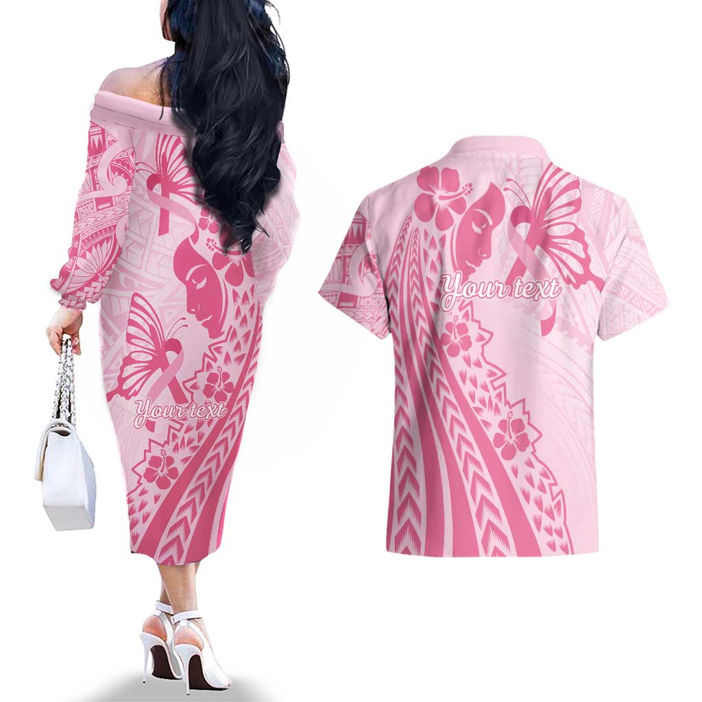 Pacific Girl and Butterfly Cancer Ribbon Personalised Couples Matching Off The Shoulder Long Sleeve Dress and Hawaiian Shirt LT9 - Polynesian Pride