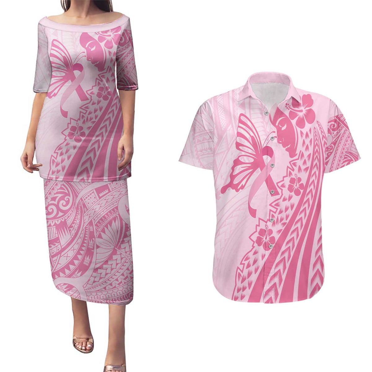 Pacific Girl and Butterfly Cancer Ribbon Personalised Couples Matching Puletasi and Hawaiian Shirt LT9 Pink - Polynesian Pride
