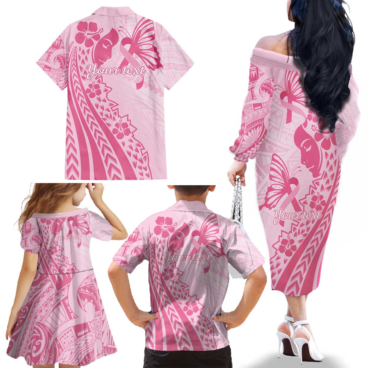 Pacific Girl and Butterfly Cancer Ribbon Personalised Family Matching Off The Shoulder Long Sleeve Dress and Hawaiian Shirt LT9 - Polynesian Pride