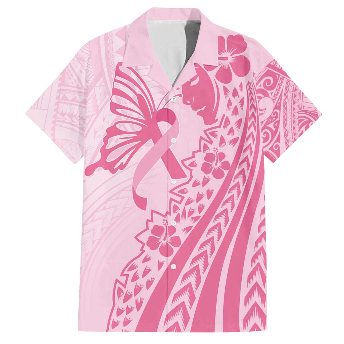 Pacific Girl and Butterfly Cancer Ribbon Personalised Family Matching Off The Shoulder Long Sleeve Dress and Hawaiian Shirt LT9 Dad's Shirt - Short Sleeve Pink - Polynesian Pride