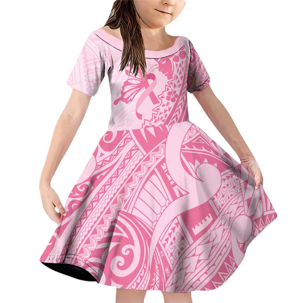 Pacific Girl and Butterfly Cancer Ribbon Personalised Family Matching Off Shoulder Short Dress and Hawaiian Shirt LT9 Daughter's Dress Pink - Polynesian Pride