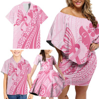Pacific Girl and Butterfly Cancer Ribbon Personalised Family Matching Off Shoulder Short Dress and Hawaiian Shirt LT9 - Polynesian Pride