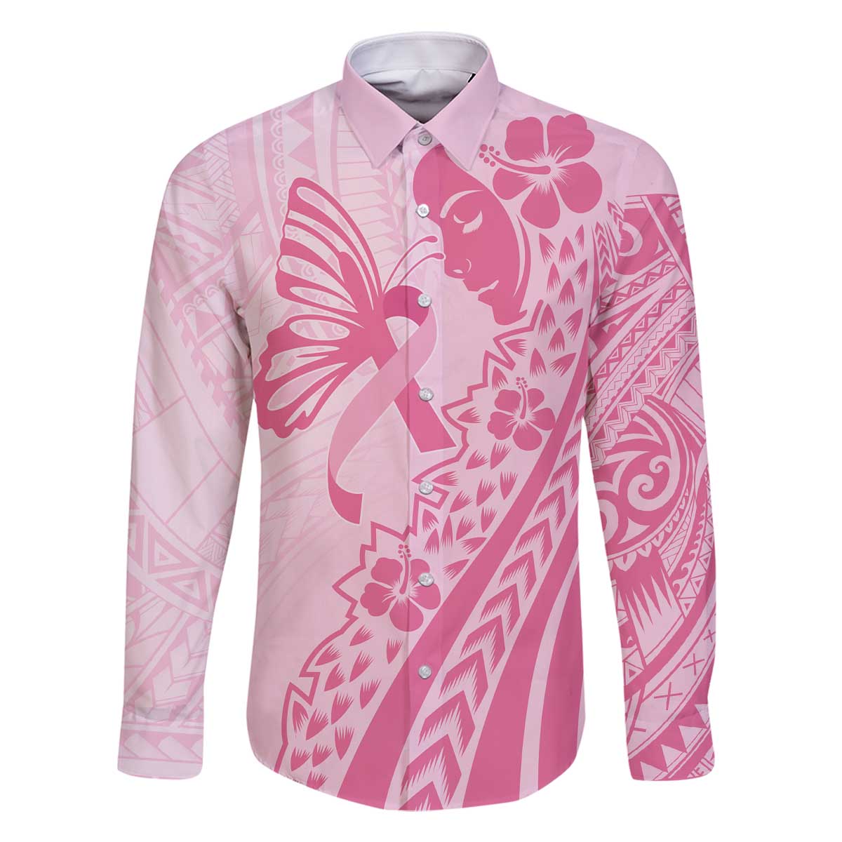 Pacific Girl and Butterfly Cancer Ribbon Personalised Family Matching Off Shoulder Short Dress and Hawaiian Shirt LT9 Dad's Shirt - Long Sleeve Pink - Polynesian Pride