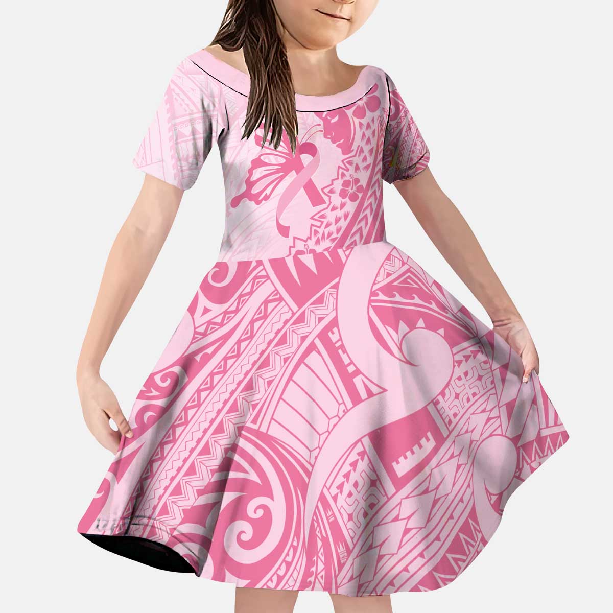 Pacific Girl and Butterfly Cancer Ribbon Personalised Family Matching Puletasi and Hawaiian Shirt LT9 Daughter's Dress Pink - Polynesian Pride