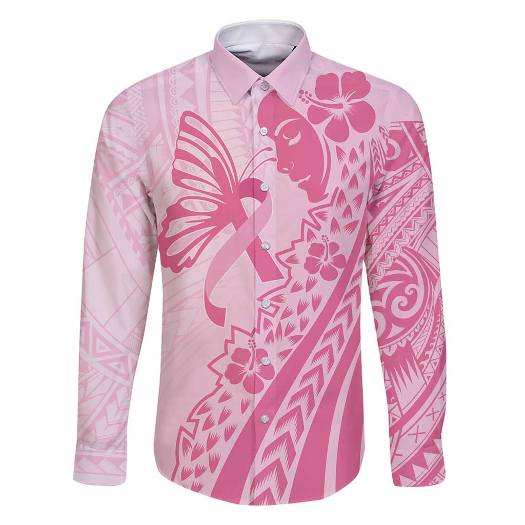 Pacific Girl and Butterfly Cancer Ribbon Personalised Family Matching Tank Maxi Dress and Hawaiian Shirt LT9 Dad's Shirt - Long Sleeve Pink - Polynesian Pride