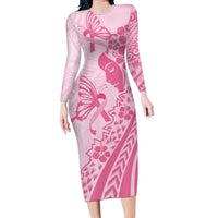 Pacific Girl and Butterfly Cancer Ribbon Personalised Long Sleeve Bodycon Dress LT9 Long Dress Pink - Polynesian Pride