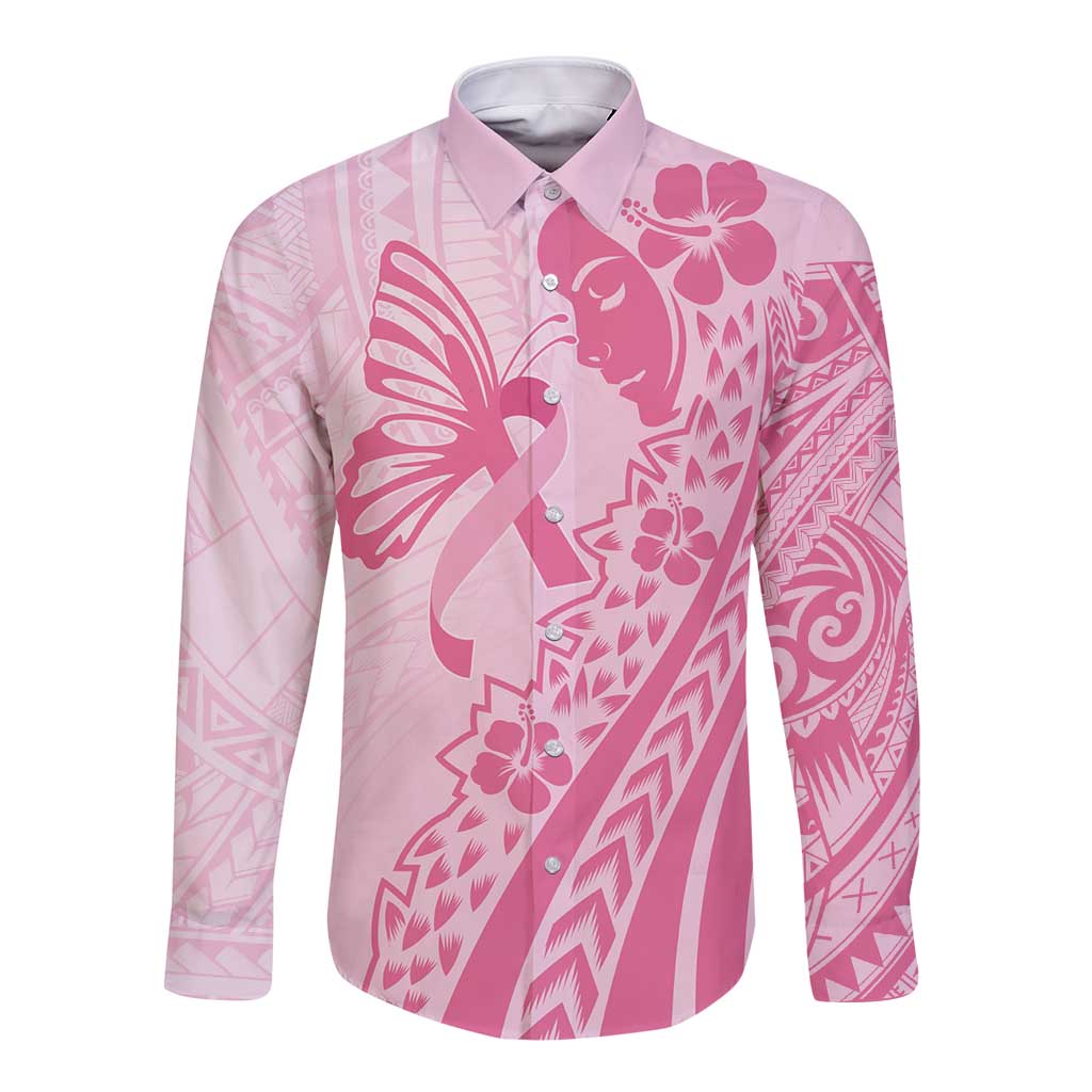 Pacific Girl and Butterfly Cancer Ribbon Personalised Long Sleeve Button Shirt LT9 Unisex Pink - Polynesian Pride