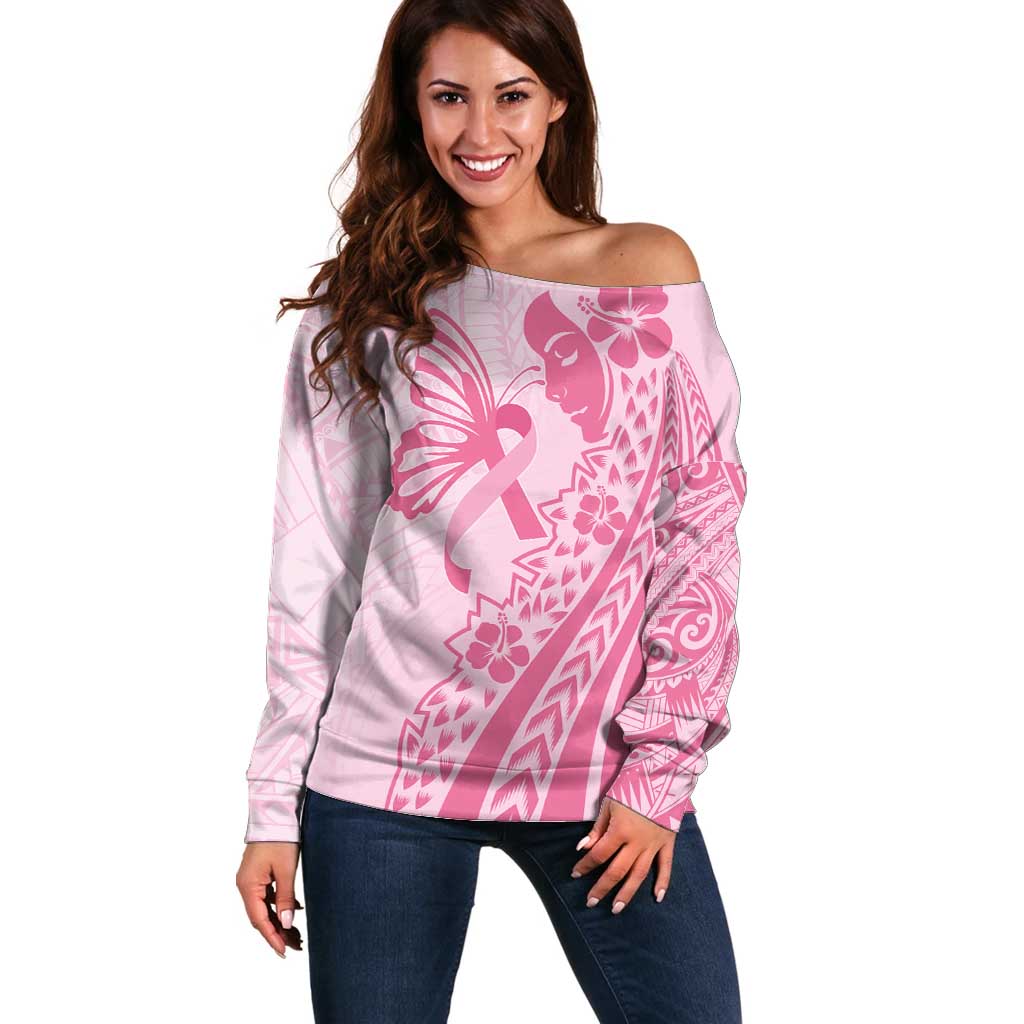 Pacific Girl and Butterfly Cancer Ribbon Personalised Off Shoulder Sweater LT9 Women Pink - Polynesian Pride