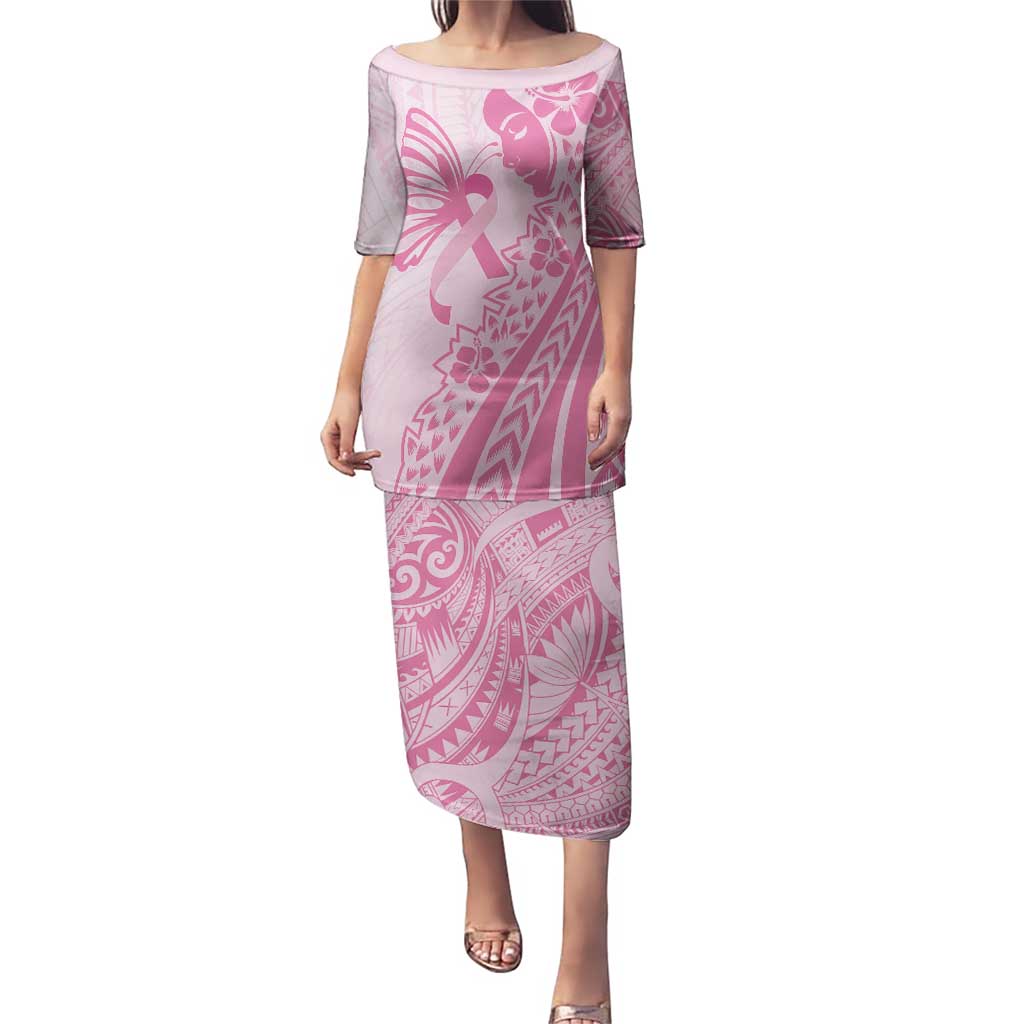Pacific Girl and Butterfly Cancer Ribbon Personalised Puletasi LT9 Long Dress Pink - Polynesian Pride