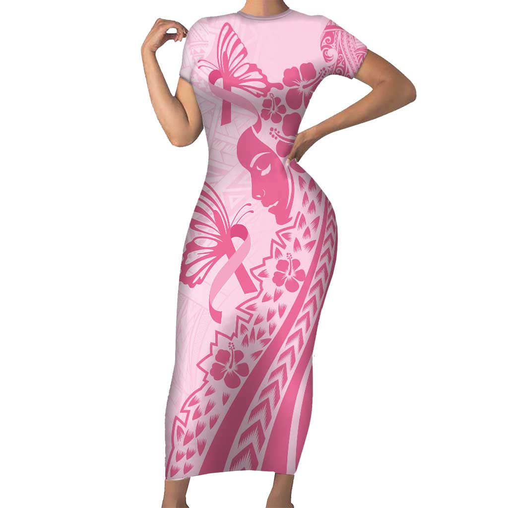 Pacific Girl and Butterfly Cancer Ribbon Personalised Short Sleeve Bodycon Dress LT9 Long Dress Pink - Polynesian Pride