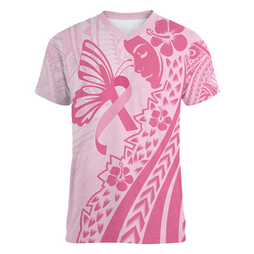 Pacific Girl and Butterfly Cancer Ribbon Personalised Women V-Neck T-Shirt LT9 Female Pink - Polynesian Pride