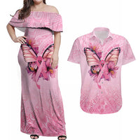 Faith Hope Love Butterfly Ribbon Personalised Couples Matching Off Shoulder Maxi Dress and Hawaiian Shirt LT9 Pink - Polynesian Pride