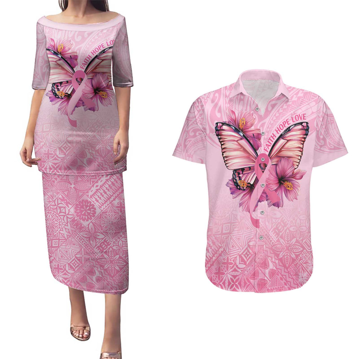 Faith Hope Love Butterfly Ribbon Personalised Couples Matching Puletasi and Hawaiian Shirt LT9 Pink - Polynesian Pride