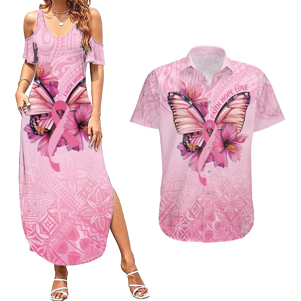 Faith Hope Love Butterfly Ribbon Personalised Couples Matching Summer Maxi Dress and Hawaiian Shirt LT9 Pink - Polynesian Pride