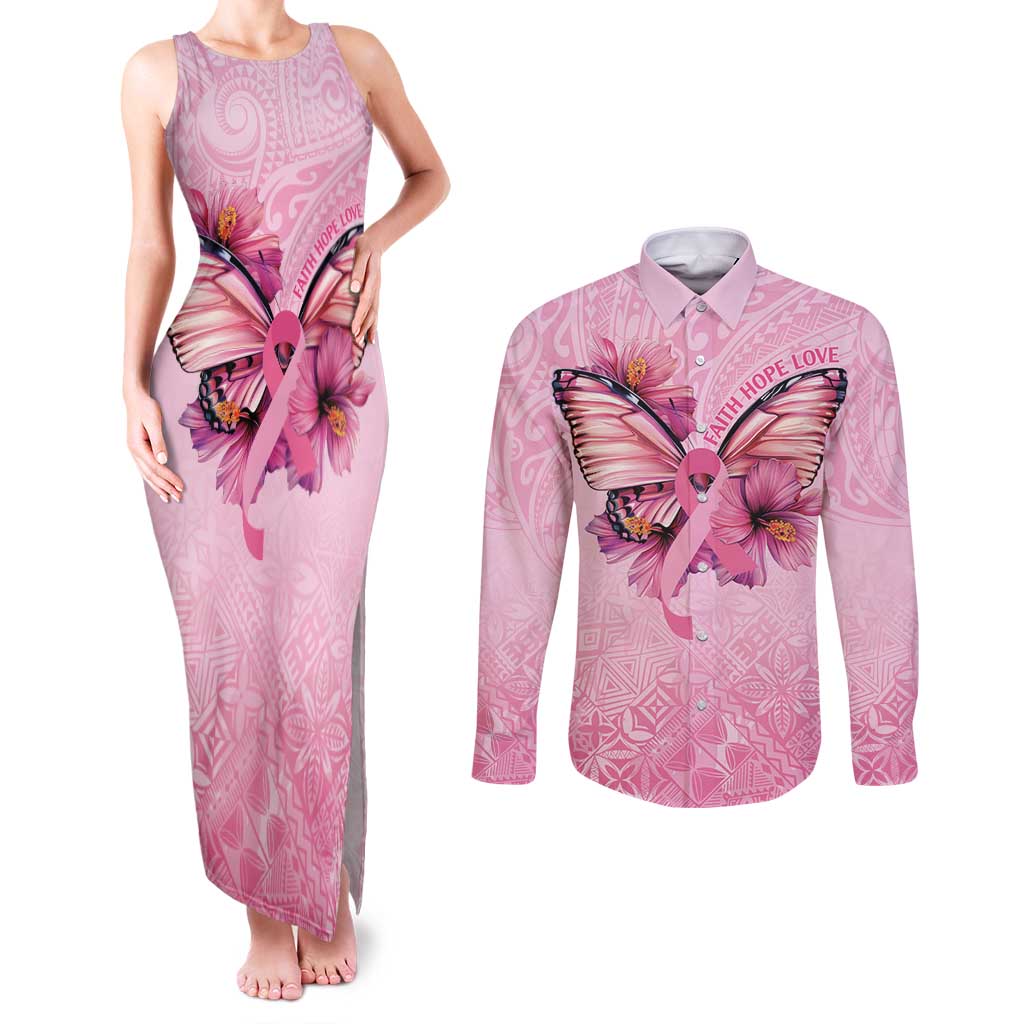Faith Hope Love Butterfly Ribbon Personalised Couples Matching Tank Maxi Dress and Long Sleeve Button Shirt LT9 Pink - Polynesian Pride