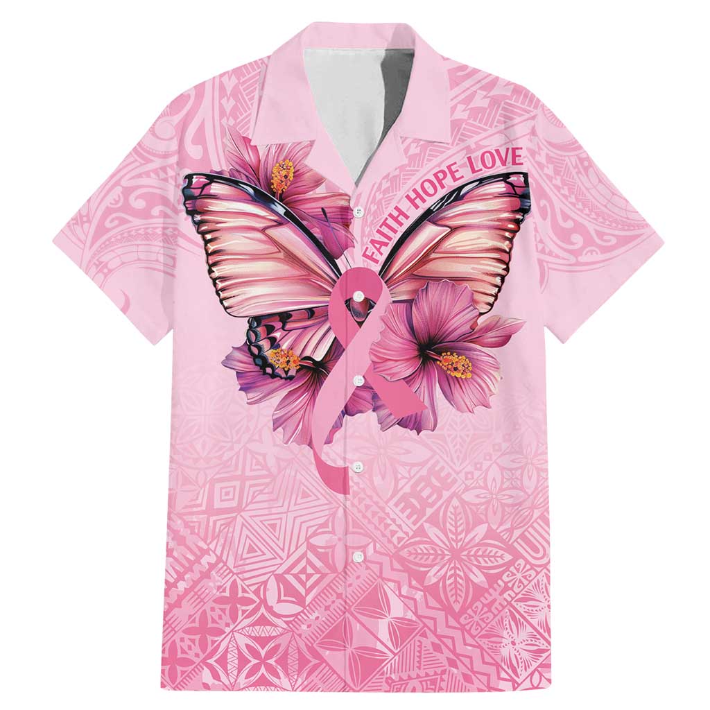 Faith Hope Love Butterfly Ribbon Personalised Family Matching Mermaid Dress and Hawaiian Shirt LT9 Dad's Shirt - Short Sleeve Pink - Polynesian Pride