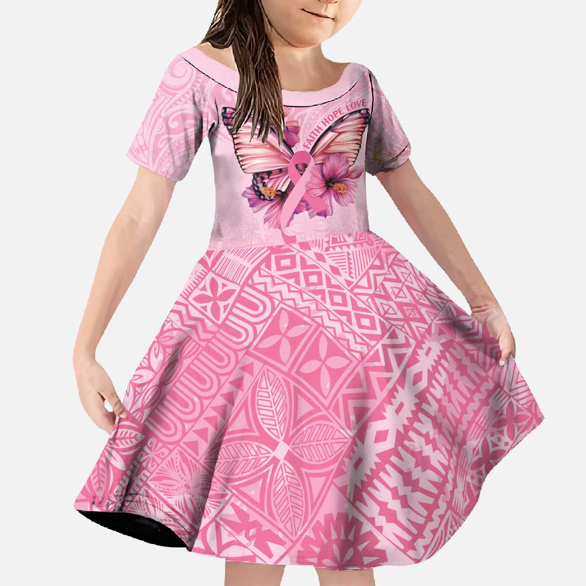 Faith Hope Love Butterfly Ribbon Personalised Family Matching Off The Shoulder Long Sleeve Dress and Hawaiian Shirt LT9 Daughter's Dress Pink - Polynesian Pride