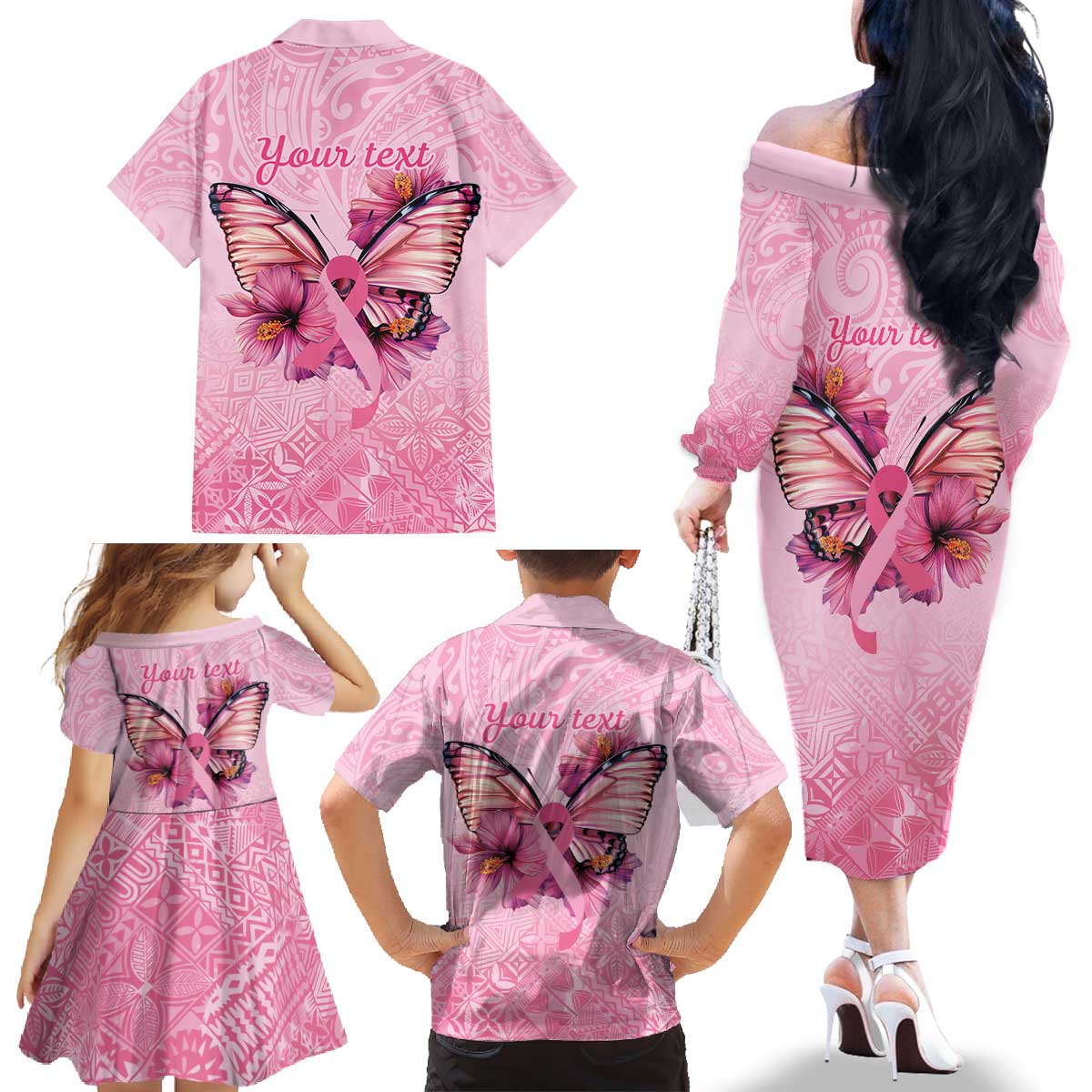 Faith Hope Love Butterfly Ribbon Personalised Family Matching Off The Shoulder Long Sleeve Dress and Hawaiian Shirt LT9 - Polynesian Pride