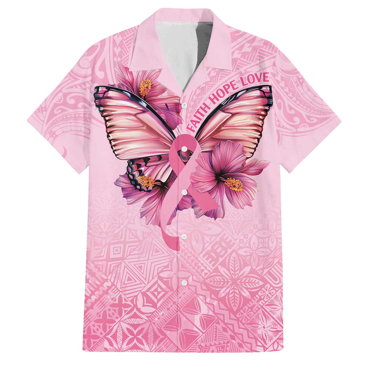 Faith Hope Love Butterfly Ribbon Personalised Family Matching Off The Shoulder Long Sleeve Dress and Hawaiian Shirt LT9 Dad's Shirt - Short Sleeve Pink - Polynesian Pride
