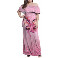Faith Hope Love Butterfly Ribbon Personalised Family Matching Off Shoulder Maxi Dress and Hawaiian Shirt LT9 Mom's Dress Pink - Polynesian Pride