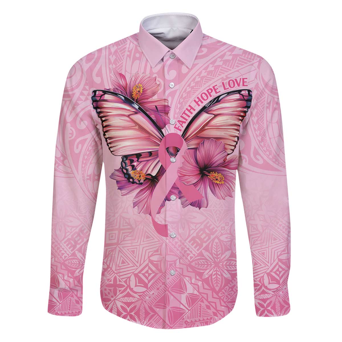 Faith Hope Love Butterfly Ribbon Personalised Family Matching Puletasi and Hawaiian Shirt LT9 Dad's Shirt - Long Sleeve Pink - Polynesian Pride
