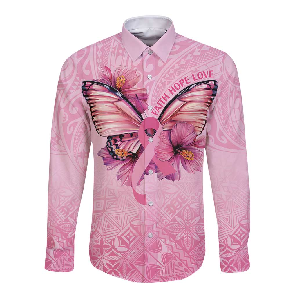Faith Hope Love Butterfly Ribbon Personalised Long Sleeve Button Shirt LT9 Unisex Pink - Polynesian Pride