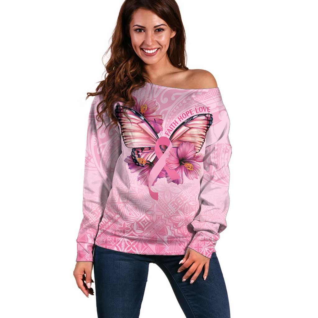 Faith Hope Love Butterfly Ribbon Personalised Off Shoulder Sweater LT9 Women Pink - Polynesian Pride