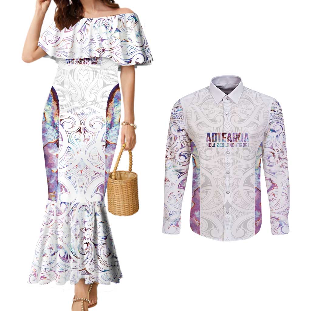 Custom New Zealand Aotearoa Couples Matching Mermaid Dress and Long Sleeve Button Shirt Pink Maori Paua Shell Indigenous - Polynesian Pride