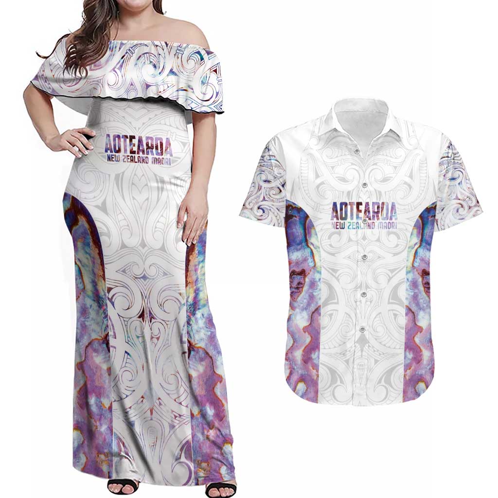 Custom New Zealand Aotearoa Couples Matching Off Shoulder Maxi Dress and Hawaiian Shirt Pink Maori Paua Shell Indigenous LT9 Pink - Polynesian Pride