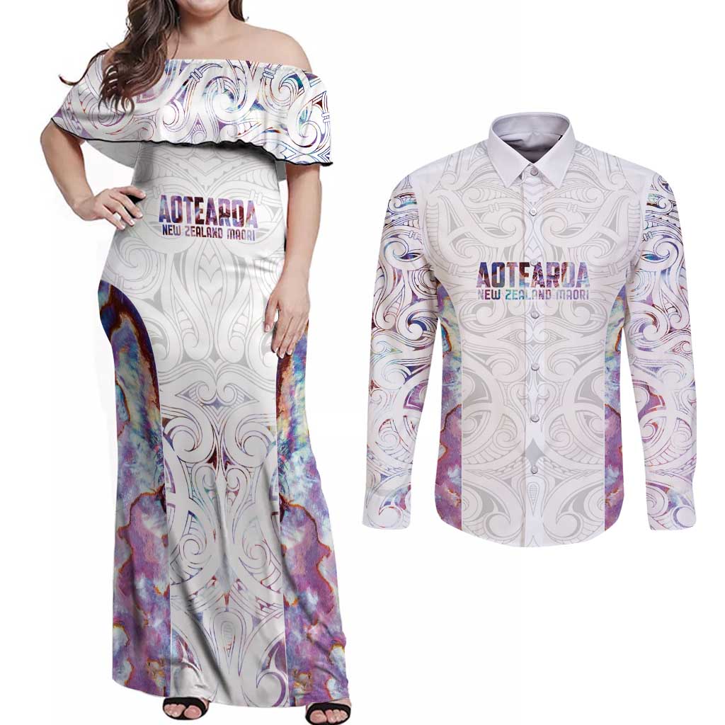 Custom New Zealand Aotearoa Couples Matching Off Shoulder Maxi Dress and Long Sleeve Button Shirt Pink Maori Paua Shell Indigenous LT9 Pink - Polynesian Pride