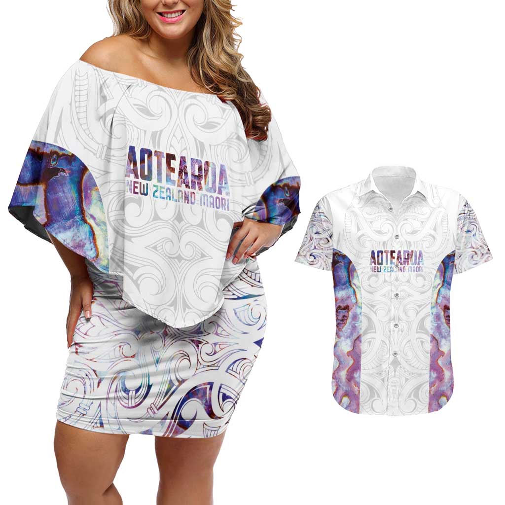 Custom New Zealand Aotearoa Couples Matching Off Shoulder Short Dress and Hawaiian Shirt Pink Maori Paua Shell Indigenous LT9 Pink - Polynesian Pride