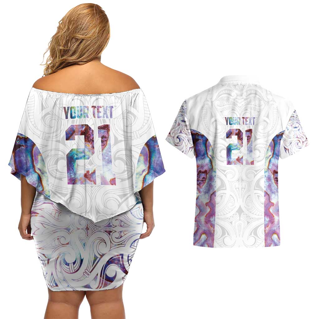 Custom New Zealand Aotearoa Couples Matching Off Shoulder Short Dress and Hawaiian Shirt Pink Maori Paua Shell Indigenous LT9 - Polynesian Pride
