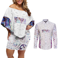 Custom New Zealand Aotearoa Couples Matching Off Shoulder Short Dress and Long Sleeve Button Shirt Pink Maori Paua Shell Indigenous LT9 Pink - Polynesian Pride