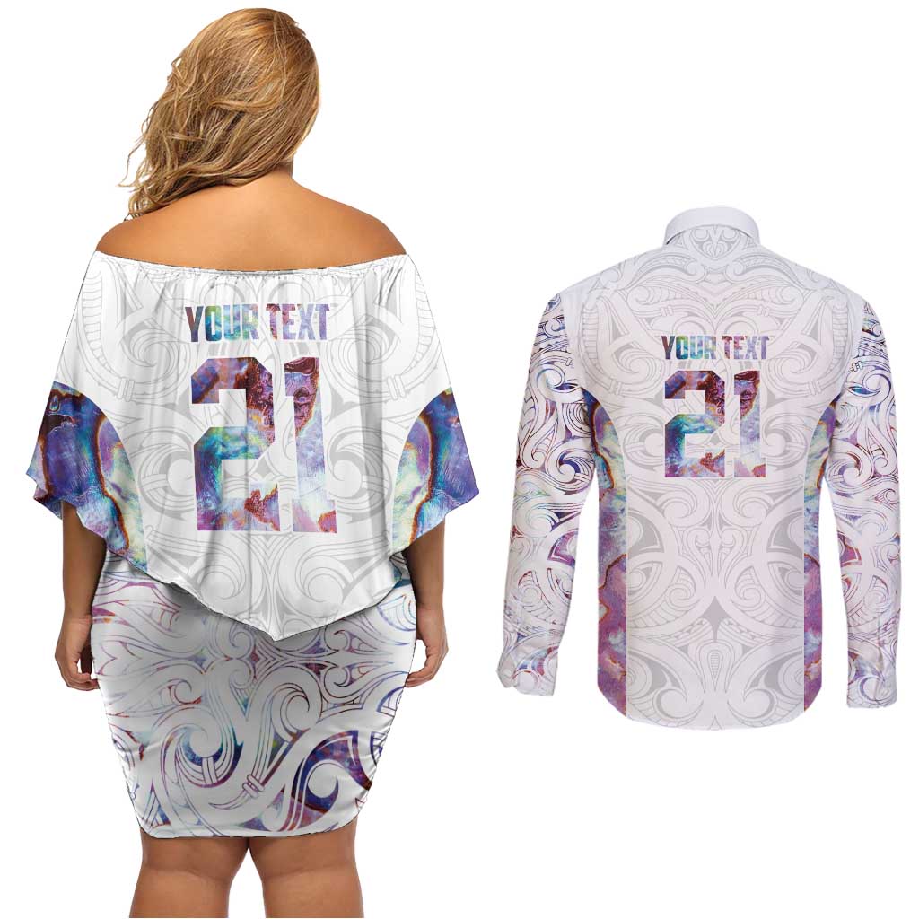 Custom New Zealand Aotearoa Couples Matching Off Shoulder Short Dress and Long Sleeve Button Shirt Pink Maori Paua Shell Indigenous LT9 - Polynesian Pride
