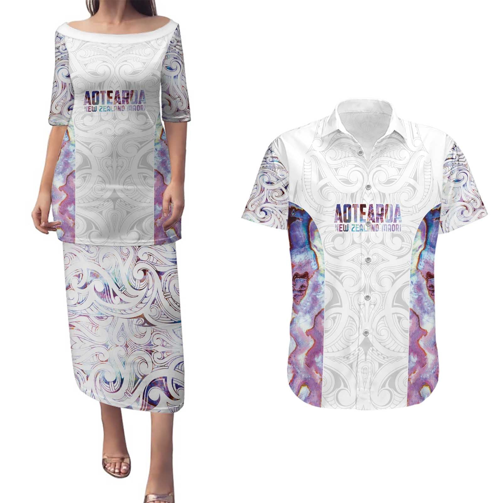 Custom New Zealand Aotearoa Couples Matching Puletasi and Hawaiian Shirt Pink Maori Paua Shell Indigenous - Polynesian Pride