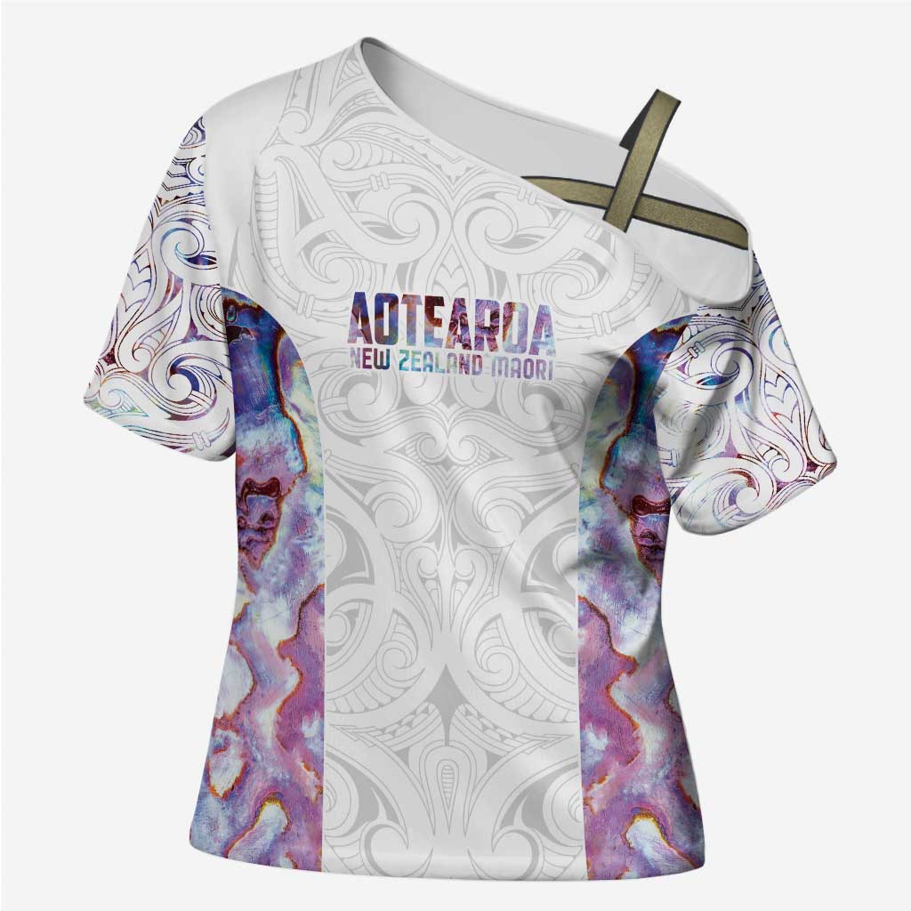 Custom New Zealand Aotearoa Cross Shoulder Shirt Pink Maori Paua Shell Indigenous - Polynesian Pride