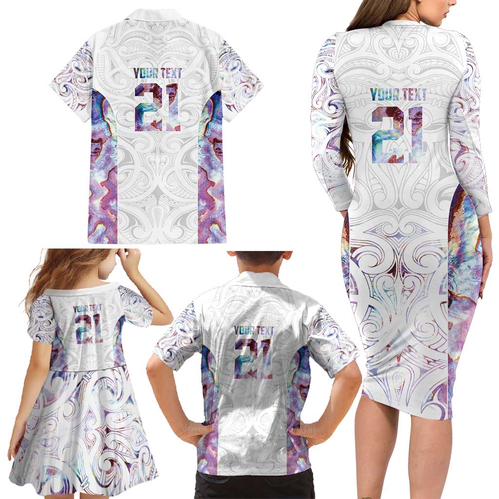 Custom New Zealand Aotearoa Family Matching Long Sleeve Bodycon Dress and Hawaiian Shirt Pink Maori Paua Shell Indigenous LT9 - Polynesian Pride