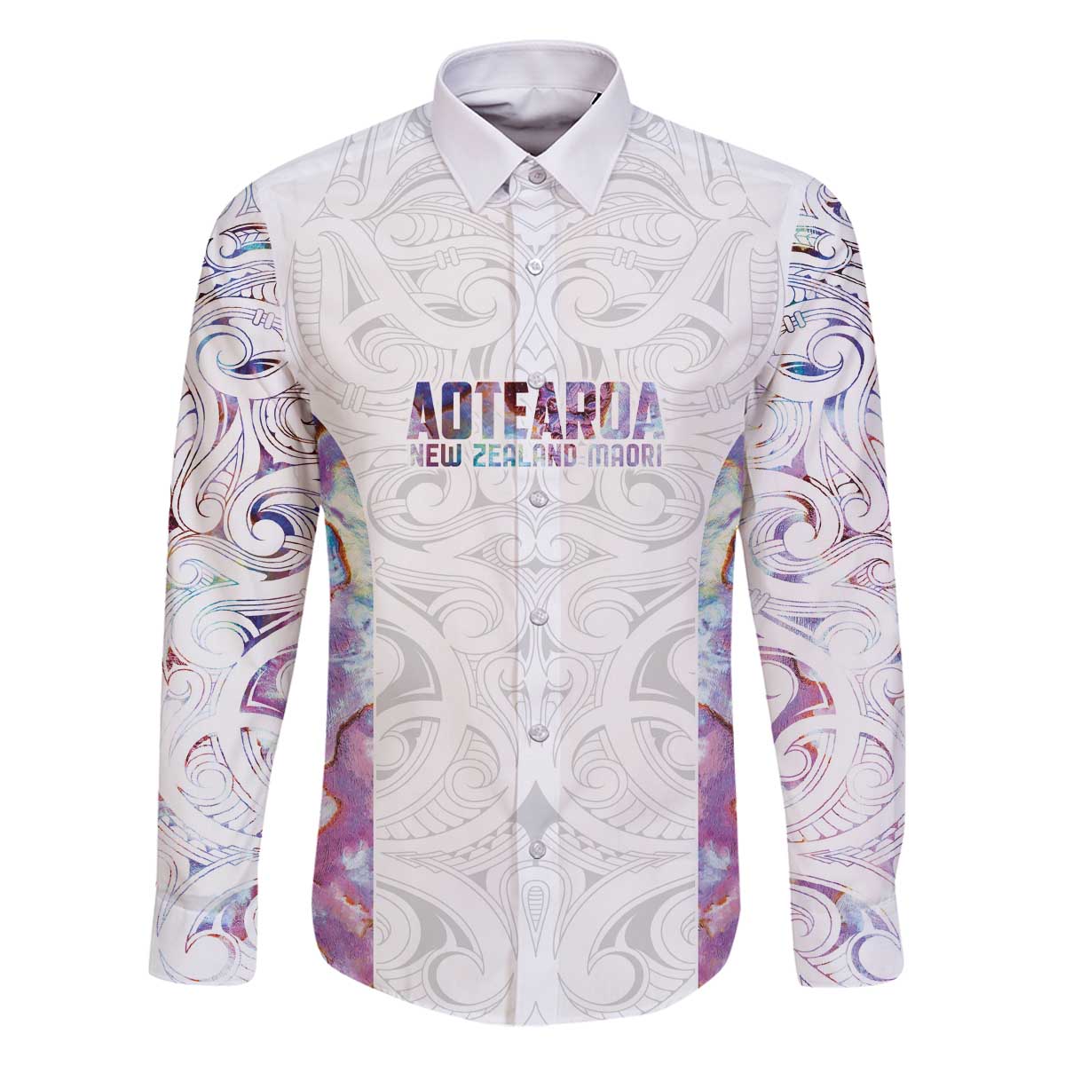 Custom New Zealand Aotearoa Family Matching Off The Shoulder Long Sleeve Dress and Hawaiian Shirt Pink Maori Paua Shell Indigenous LT9 Dad's Shirt - Long Sleeve Pink - Polynesian Pride