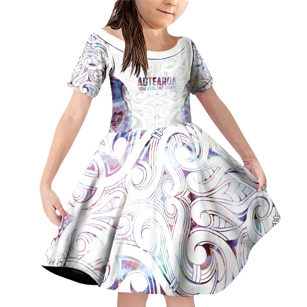 Custom New Zealand Aotearoa Family Matching Off Shoulder Short Dress and Hawaiian Shirt Pink Maori Paua Shell Indigenous LT9 Daughter's Dress Pink - Polynesian Pride