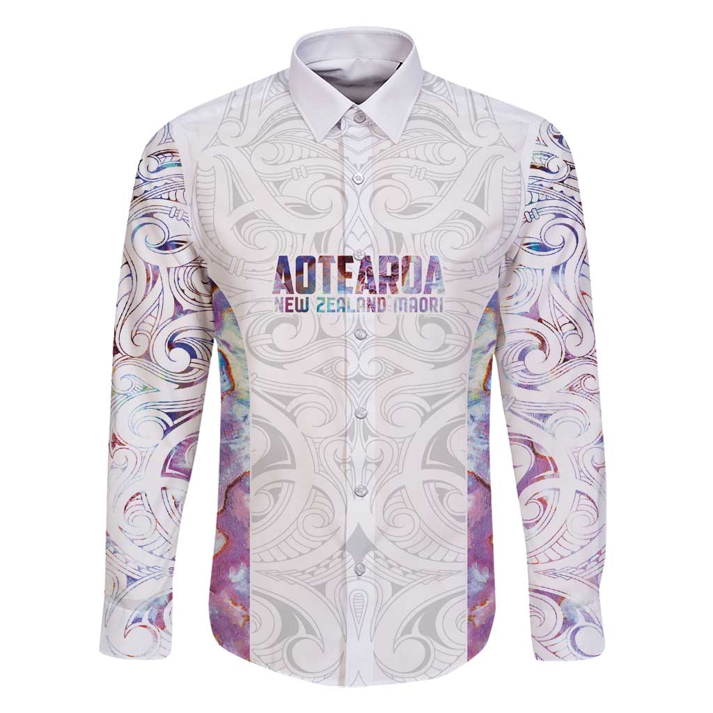 Custom New Zealand Aotearoa Family Matching Summer Maxi Dress and Hawaiian Shirt Pink Maori Paua Shell Indigenous LT9 Dad's Shirt - Long Sleeve Pink - Polynesian Pride