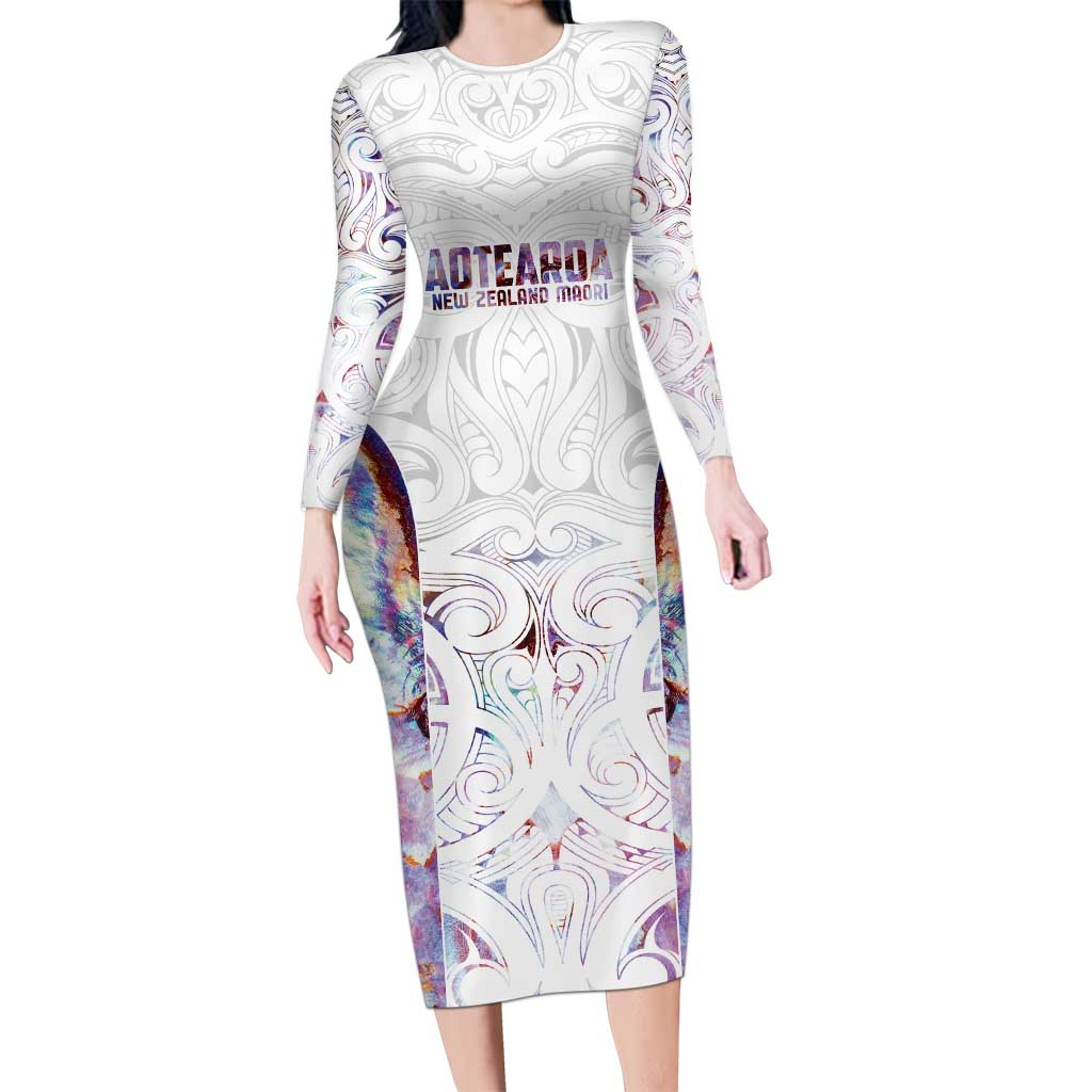 Custom New Zealand Aotearoa Long Sleeve Bodycon Dress Pink Maori Paua Shell Indigenous LT9 Long Dress Pink - Polynesian Pride