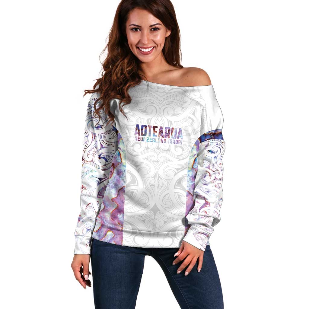 Custom New Zealand Aotearoa Off Shoulder Sweater Pink Maori Paua Shell Indigenous - Polynesian Pride