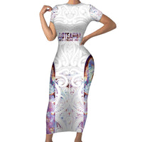 Custom New Zealand Aotearoa Short Sleeve Bodycon Dress Pink Maori Paua Shell Indigenous LT9 Long Dress Pink - Polynesian Pride
