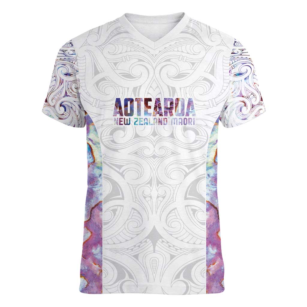 Custom New Zealand Aotearoa Women V-Neck T-Shirt Pink Maori Paua Shell Indigenous LT9 Female Pink - Polynesian Pride