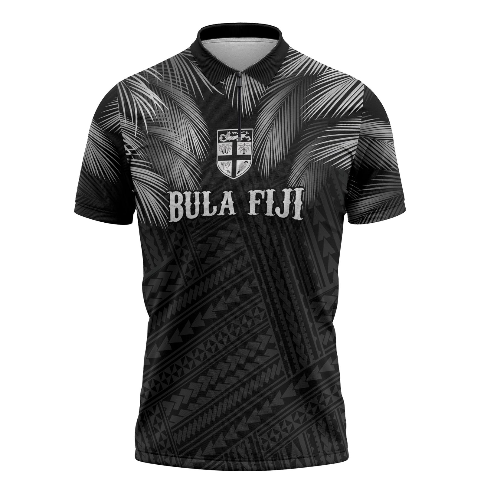 2026 Autumn Rugby Nations Fiji Custom Zipper Polo Shirt Fijian Palm Leaf Tapa Tribal Inspired LT9 Black - Polynesian Pride