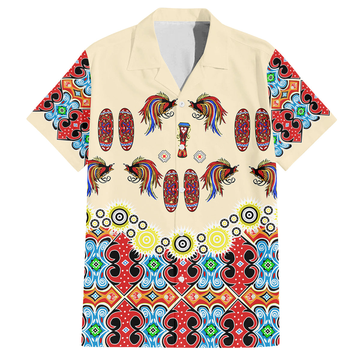 Papua Batik Motif Bird Of Paradise and Native Papuan Shield Family Matching Summer Maxi Dress and Hawaiian Shirt LT9 Dad's Shirt - Short Sleeve Beige - Polynesian Pride