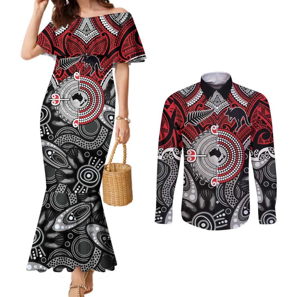 Aotearoa and Australia Couples Matching Mermaid Dress and Long Sleeve Button Shirt New Zealand Honour The Treaty Ake!Ake!Ake! LT9 Red - Polynesian Pride